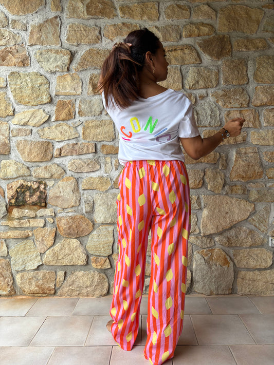 Pantalon Rayé Rose Et Orange Motif Citrons Jaune