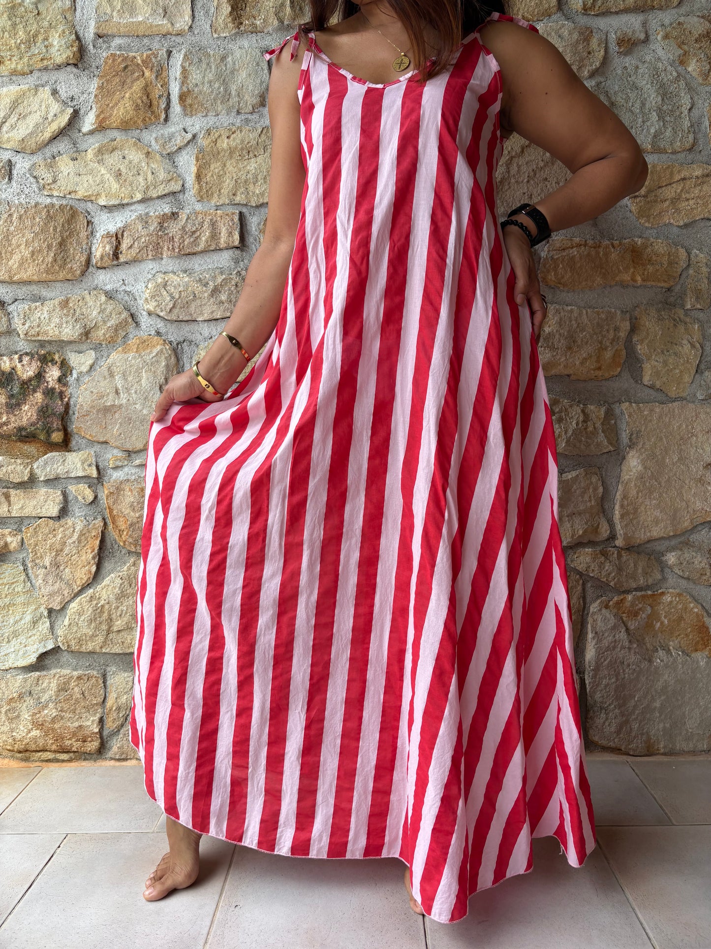 Robe Rayée Rose et Rouge