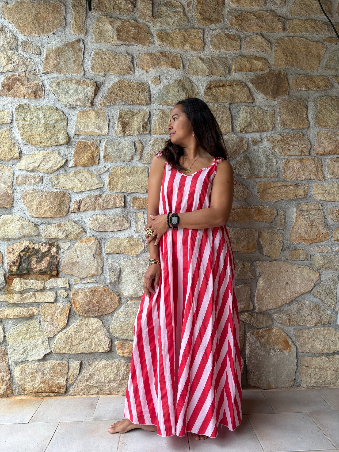 Robe Rayée Rose et Rouge