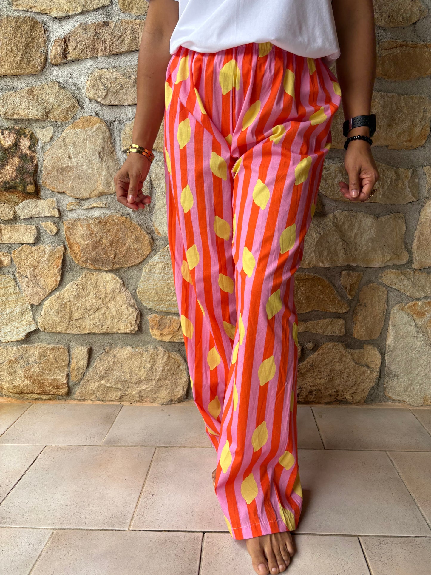 Pantalon Rayé Rose Et Orange Motif Citrons Jaune